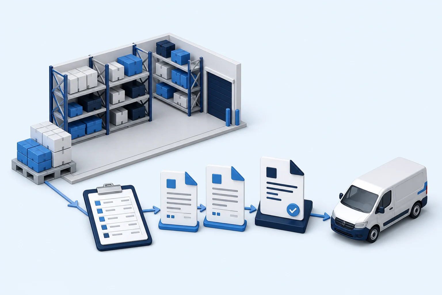 A procurement workflow connecting requests, quotations, purchase orders, a warehouse, and delivery